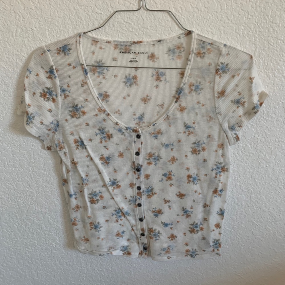 scoop neck button up floral top | American Eagle